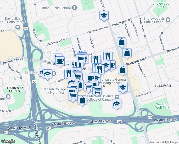 map of restaurants, bars, coffee shops, grocery stores, and more near 75 Atria Boulevard in Toronto