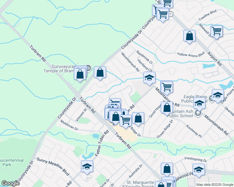 map of restaurants, bars, coffee shops, grocery stores, and more near 64 Sled Dog Road in Brampton