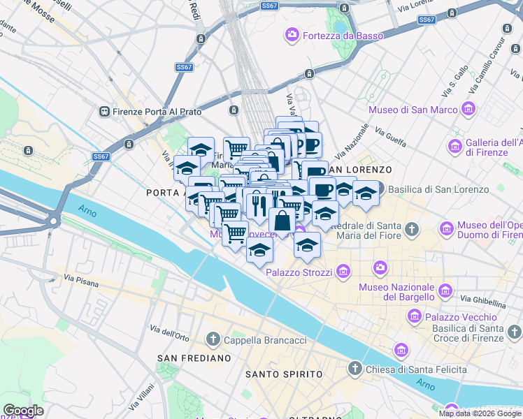 map of restaurants, bars, coffee shops, grocery stores, and more near 20n Via dei Canacci in Firenze