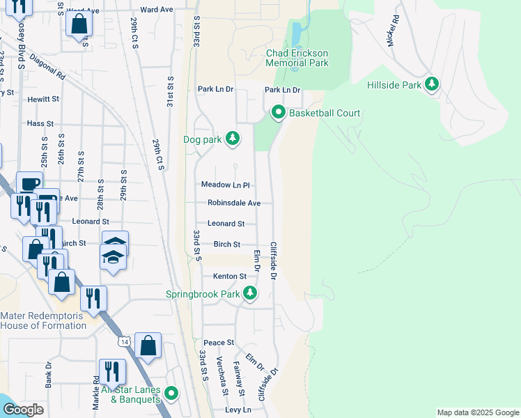 map of restaurants, bars, coffee shops, grocery stores, and more near 3307 Elm Drive in La Crosse