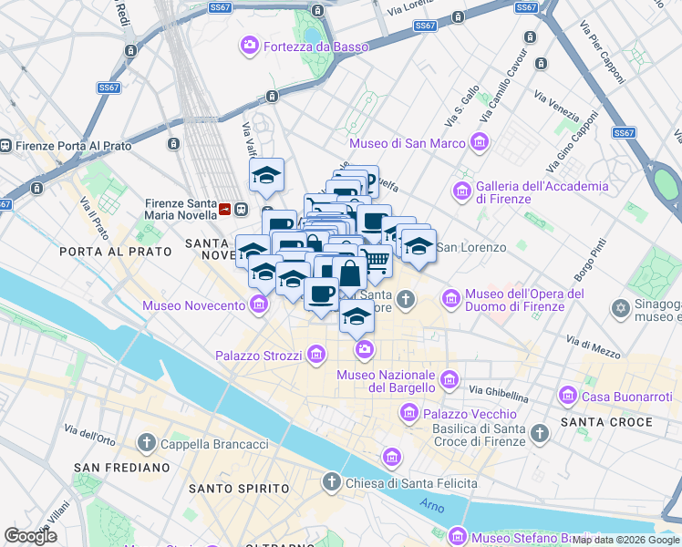 map of restaurants, bars, coffee shops, grocery stores, and more near 9 Via dei Conti in Firenze