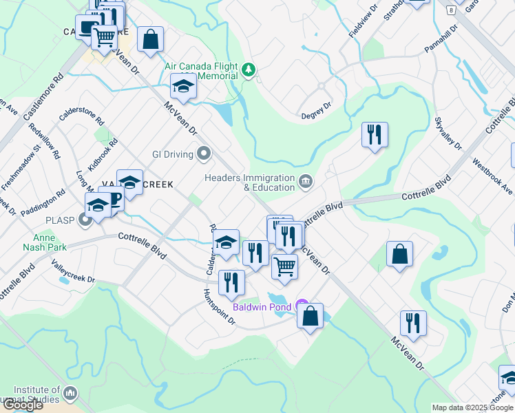 map of restaurants, bars, coffee shops, grocery stores, and more near 48 Cobblehill Crescent in Brampton