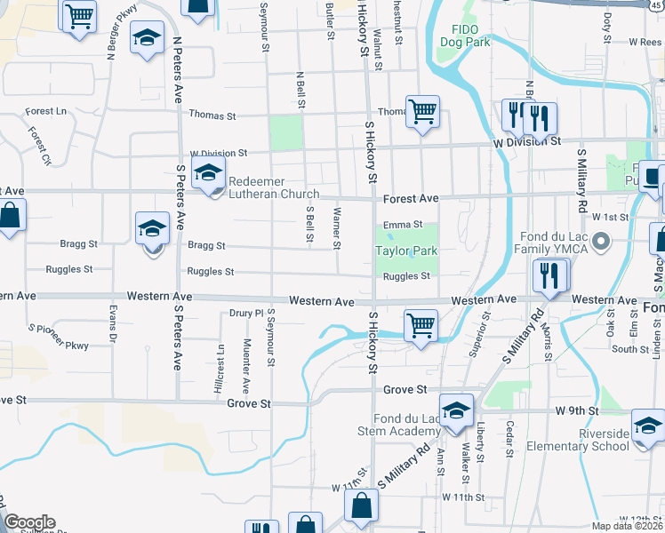map of restaurants, bars, coffee shops, grocery stores, and more near 156 Warner Street in Fond du Lac