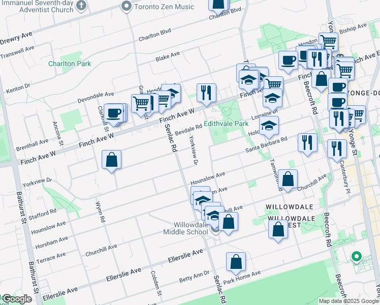 map of restaurants, bars, coffee shops, grocery stores, and more near 20 Yorkview Drive in Toronto
