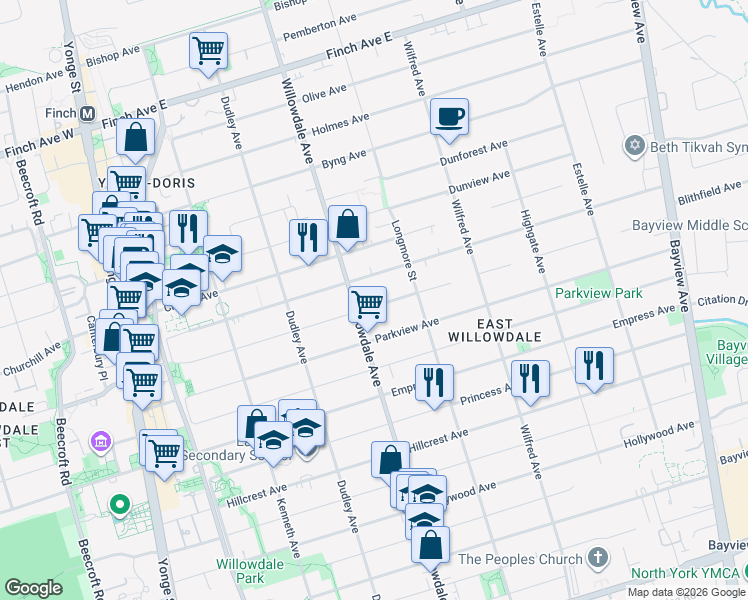 map of restaurants, bars, coffee shops, grocery stores, and more near in Toronto