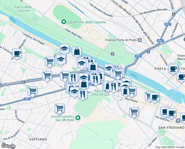 map of restaurants, bars, coffee shops, grocery stores, and more near 20 Via del Pignoncino in Firenze