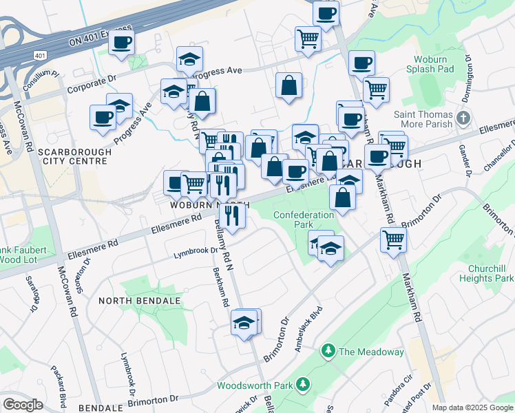map of restaurants, bars, coffee shops, grocery stores, and more near 1923 Ellesmere Road in Toronto