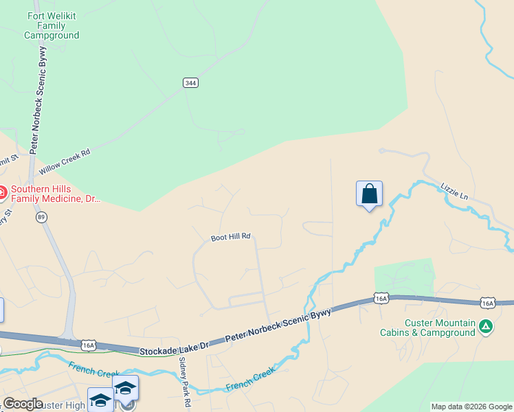 map of restaurants, bars, coffee shops, grocery stores, and more near 126-198 Ox Yoke Court in Custer