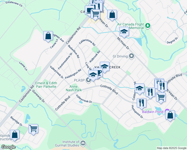 map of restaurants, bars, coffee shops, grocery stores, and more near 75 Redwillow Road in Brampton