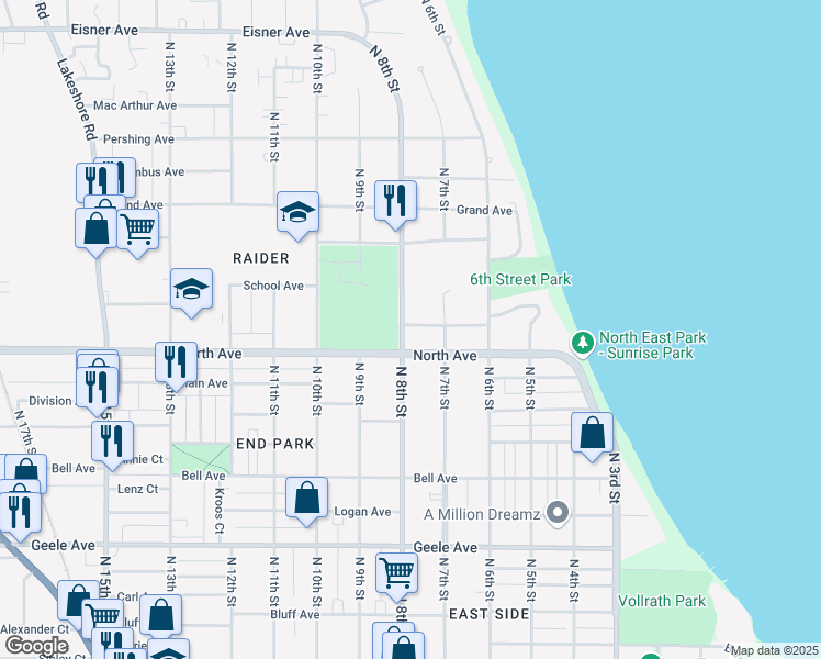 map of restaurants, bars, coffee shops, grocery stores, and more near 731 Highland Terrace in Sheboygan
