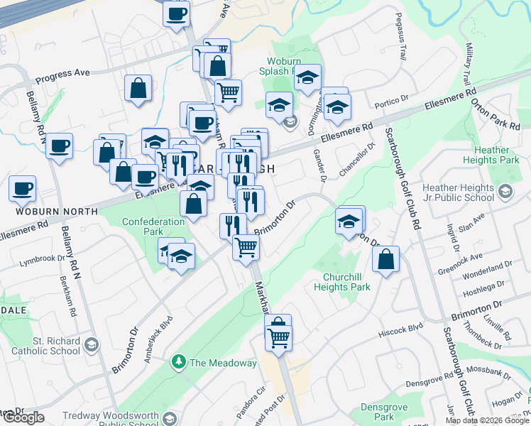 map of restaurants, bars, coffee shops, grocery stores, and more near 20 Meadowglen Place in Toronto