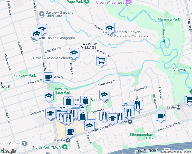 map of restaurants, bars, coffee shops, grocery stores, and more near 77 Citation Drive in Toronto