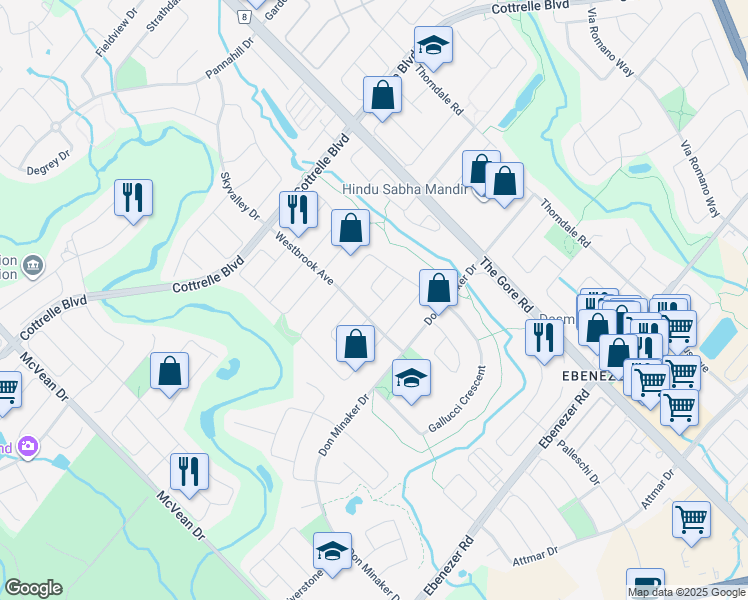 map of restaurants, bars, coffee shops, grocery stores, and more near 4 Slessor Lane in Brampton