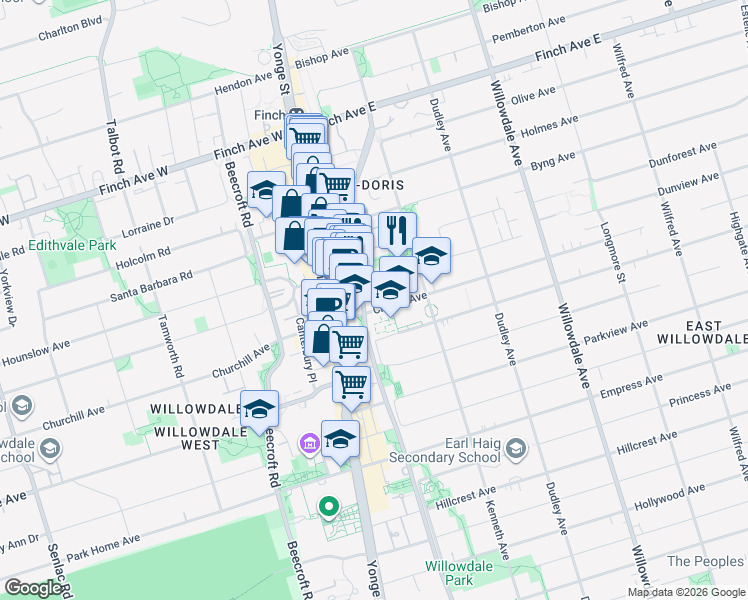 map of restaurants, bars, coffee shops, grocery stores, and more near in Toronto