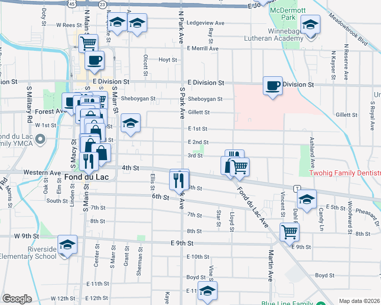 map of restaurants, bars, coffee shops, grocery stores, and more near 223 3rd Street in Fond du Lac