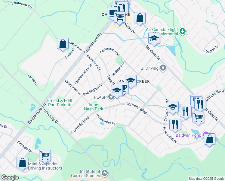 map of restaurants, bars, coffee shops, grocery stores, and more near 75 Redwillow Road in Brampton