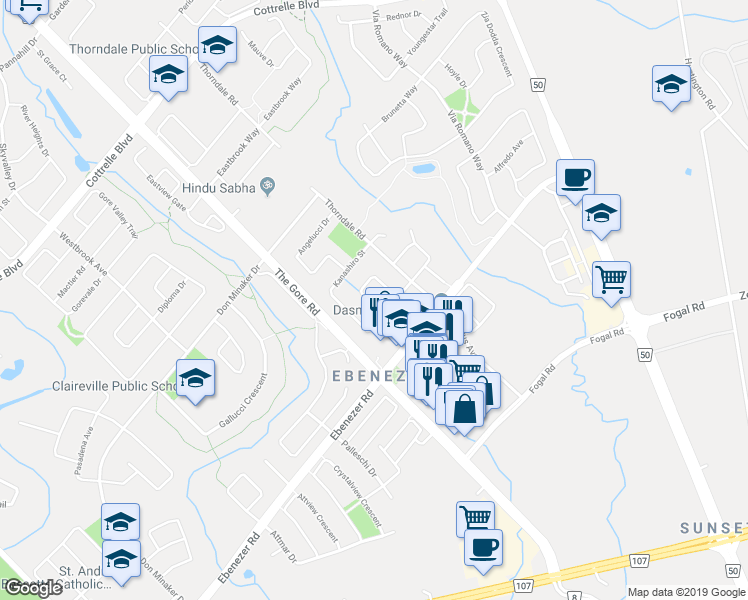 map of restaurants, bars, coffee shops, grocery stores, and more near 35 Caranci Crescent in Brampton