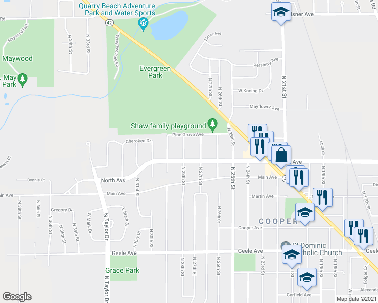 map of restaurants, bars, coffee shops, grocery stores, and more near 2717 North 28th Street in Sheboygan