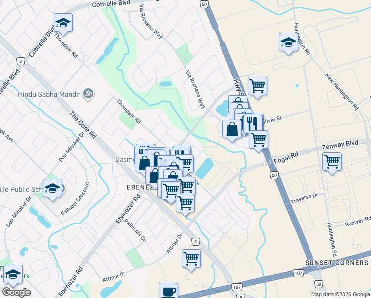 map of restaurants, bars, coffee shops, grocery stores, and more near 51 Davenfield Circle in Brampton