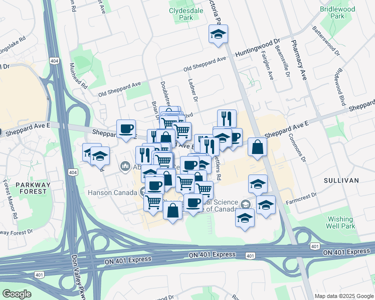map of restaurants, bars, coffee shops, grocery stores, and more near 60 Ann O'Reilly Road in Toronto