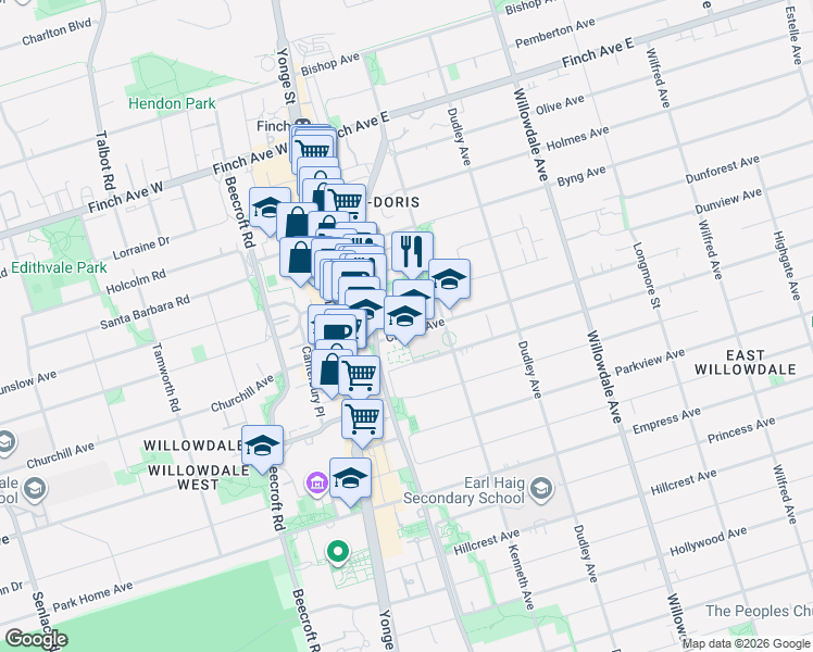 map of restaurants, bars, coffee shops, grocery stores, and more near in Toronto