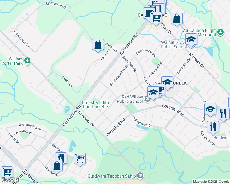 map of restaurants, bars, coffee shops, grocery stores, and more near 21 Valleycreek Drive in Brampton