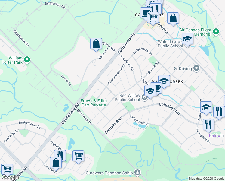 map of restaurants, bars, coffee shops, grocery stores, and more near 19 Valleycreek Drive in Brampton