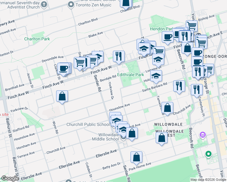 map of restaurants, bars, coffee shops, grocery stores, and more near 21 Yorkview Drive in Toronto