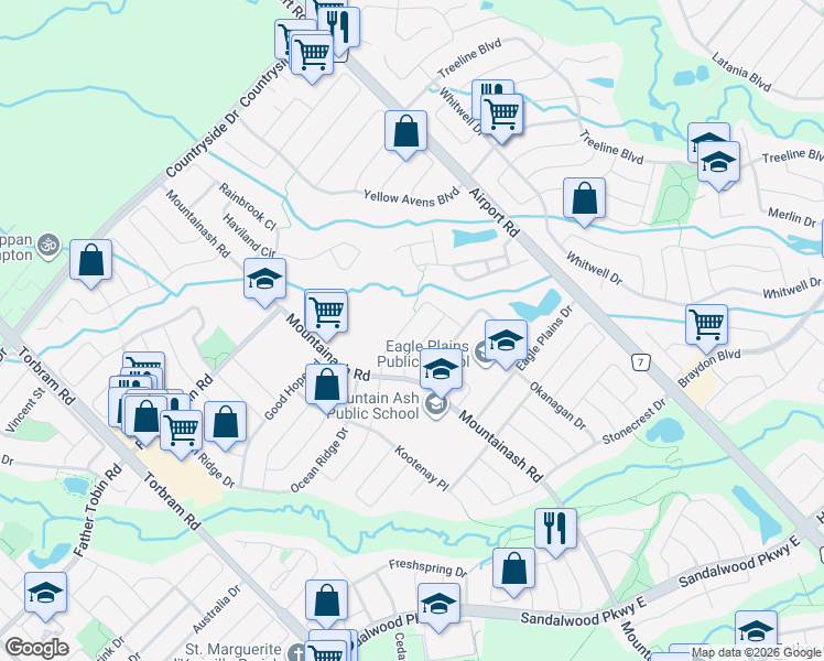 map of restaurants, bars, coffee shops, grocery stores, and more near 19 Klondike Trail in Brampton