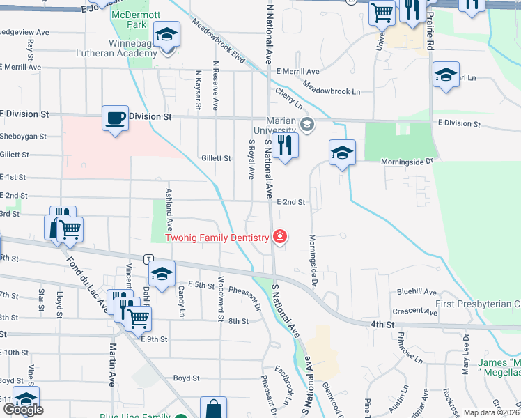 map of restaurants, bars, coffee shops, grocery stores, and more near 650 East 2nd Street in Fond du Lac