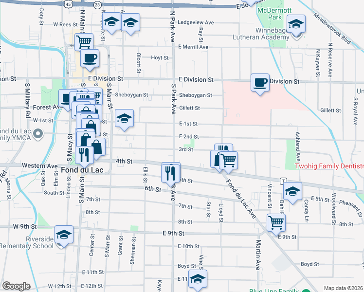 map of restaurants, bars, coffee shops, grocery stores, and more near 223 3rd Street in Fond du Lac