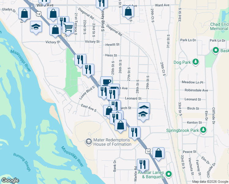 map of restaurants, bars, coffee shops, grocery stores, and more near 2426 Robinsdale Avenue in La Crosse