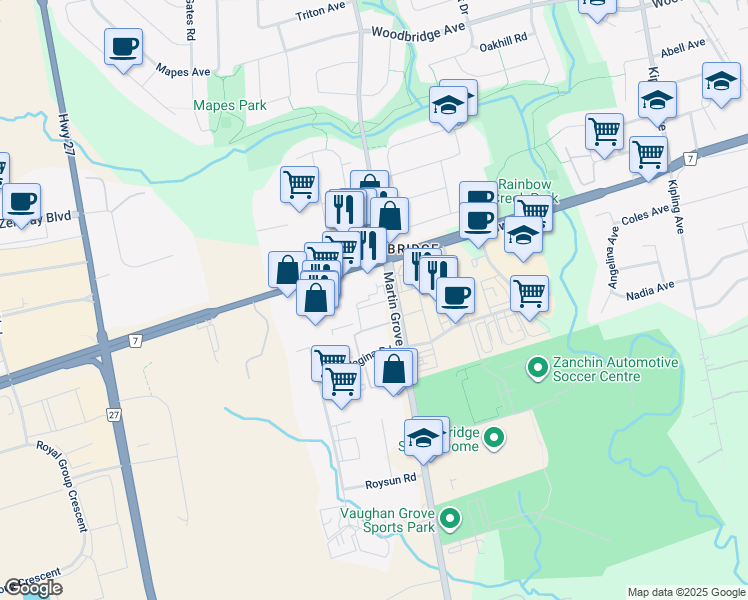 map of restaurants, bars, coffee shops, grocery stores, and more near 7700 Martin Grove Road in Vaughan