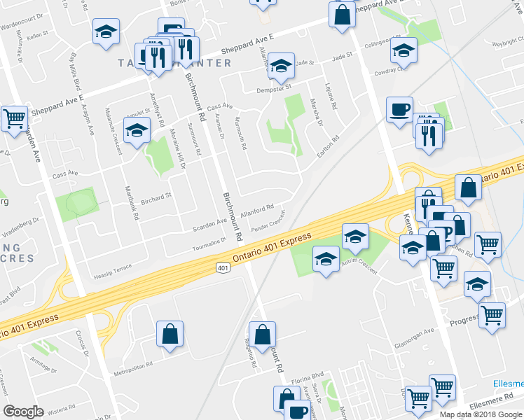 map of restaurants, bars, coffee shops, grocery stores, and more near 23 Allanford Road in Toronto