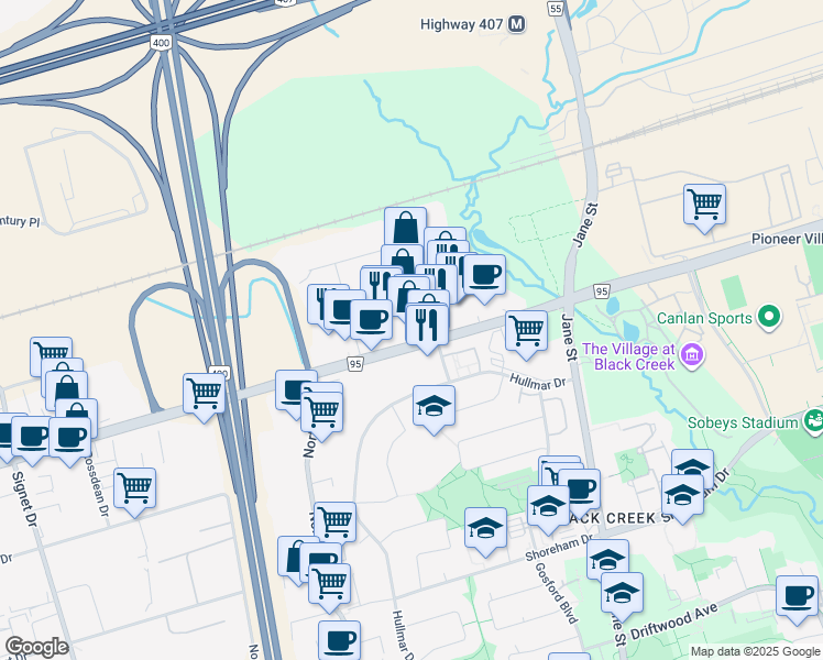 map of restaurants, bars, coffee shops, grocery stores, and more near in Regional Municipality of York