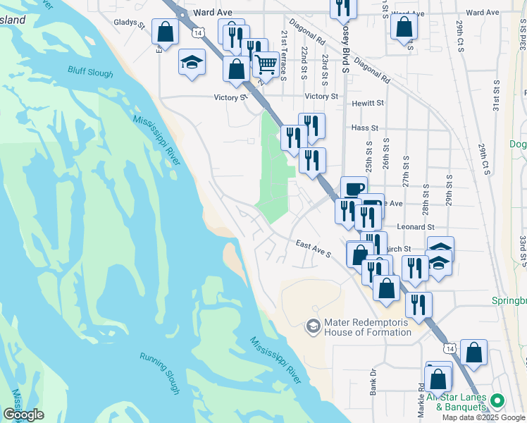 map of restaurants, bars, coffee shops, grocery stores, and more near 3333 East Avenue South in La Crosse