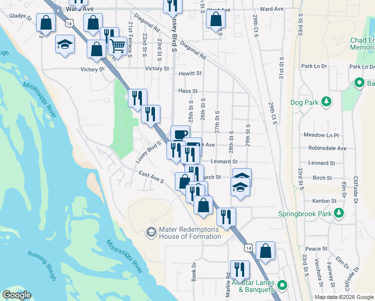 map of restaurants, bars, coffee shops, grocery stores, and more near 2426 Robinsdale Avenue in La Crosse