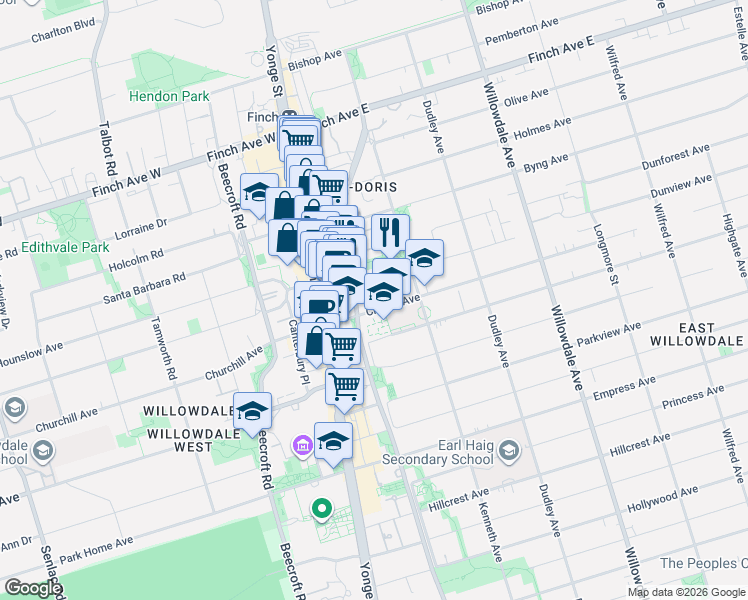 map of restaurants, bars, coffee shops, grocery stores, and more near 811 Grandview Way in Toronto