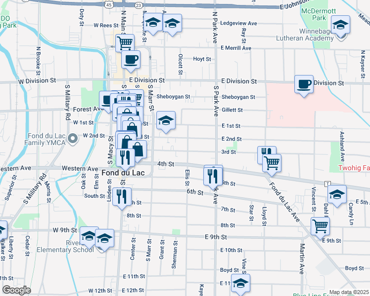 map of restaurants, bars, coffee shops, grocery stores, and more near 135 3rd Street in Fond du Lac