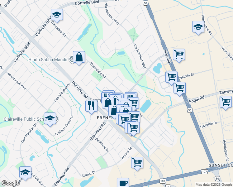 map of restaurants, bars, coffee shops, grocery stores, and more near 52 Domenico Crescent in Brampton