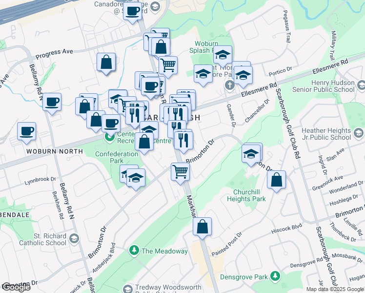 map of restaurants, bars, coffee shops, grocery stores, and more near in Toronto