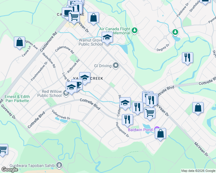 map of restaurants, bars, coffee shops, grocery stores, and more near 24 Prince Edward Boulevard in Brampton