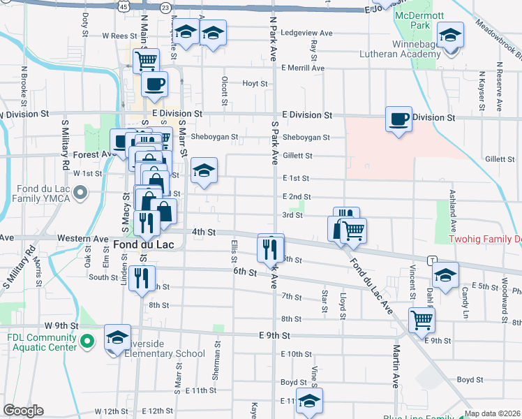 map of restaurants, bars, coffee shops, grocery stores, and more near 183 3rd Street in Fond du Lac