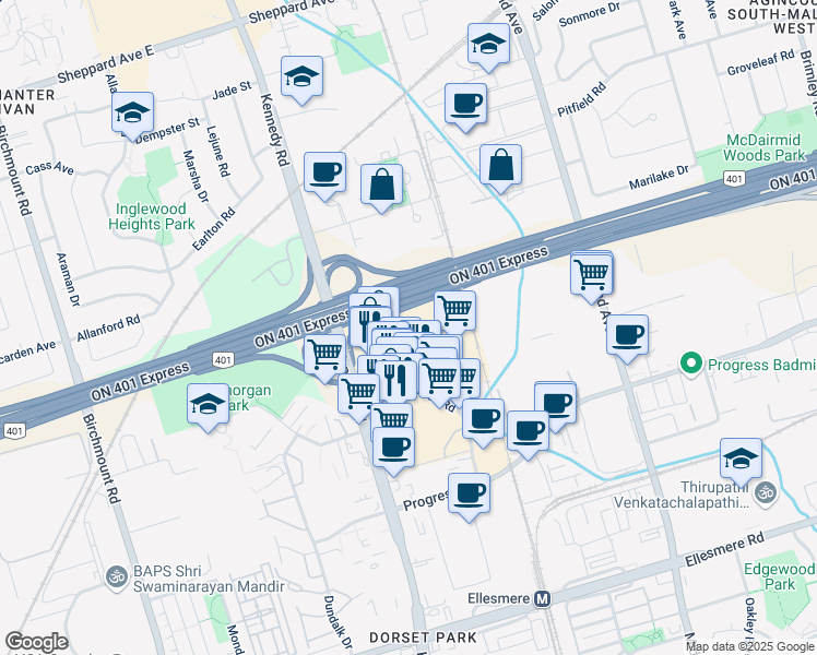 map of restaurants, bars, coffee shops, grocery stores, and more near 33 William Kitchen Road in Toronto