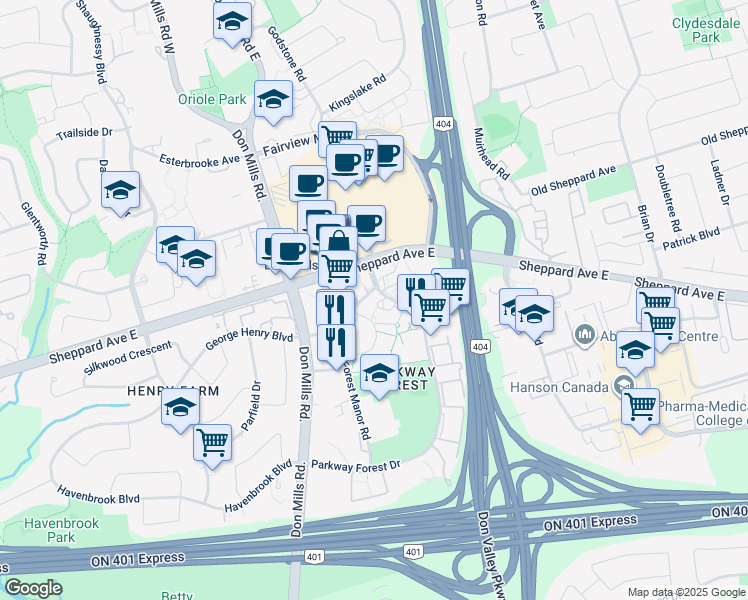 map of restaurants, bars, coffee shops, grocery stores, and more near 130 Parkway Forest Drive in Toronto