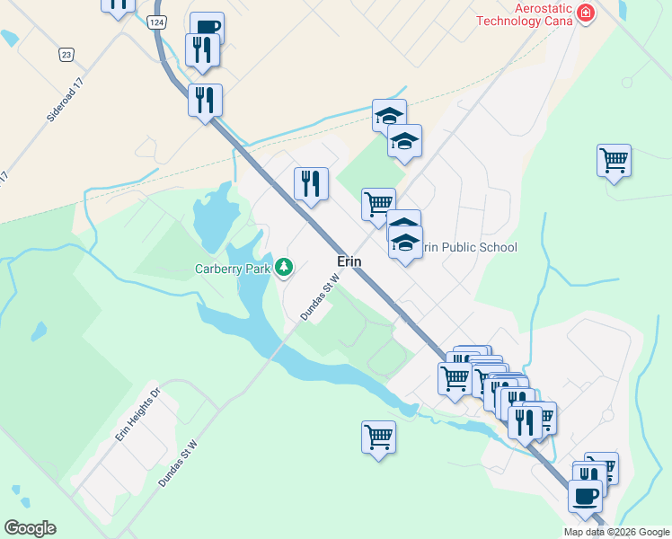 map of restaurants, bars, coffee shops, grocery stores, and more near 3 Dundas Street West in Erin