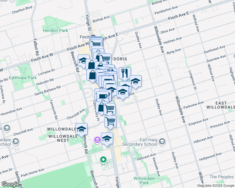 map of restaurants, bars, coffee shops, grocery stores, and more near 88 Grandview Way in Toronto