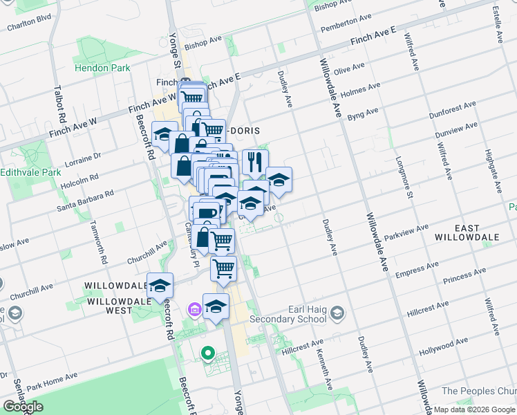 map of restaurants, bars, coffee shops, grocery stores, and more near 317 Grandview Way in Toronto
