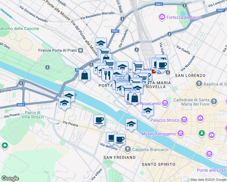 map of restaurants, bars, coffee shops, grocery stores, and more near 9-11 Via Solferino in Firenze