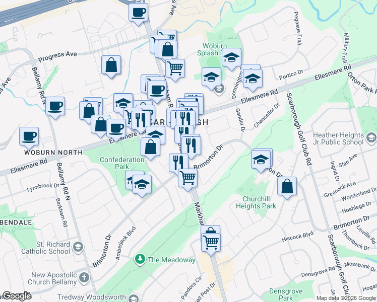map of restaurants, bars, coffee shops, grocery stores, and more near 30 Meadowglen Place in Toronto